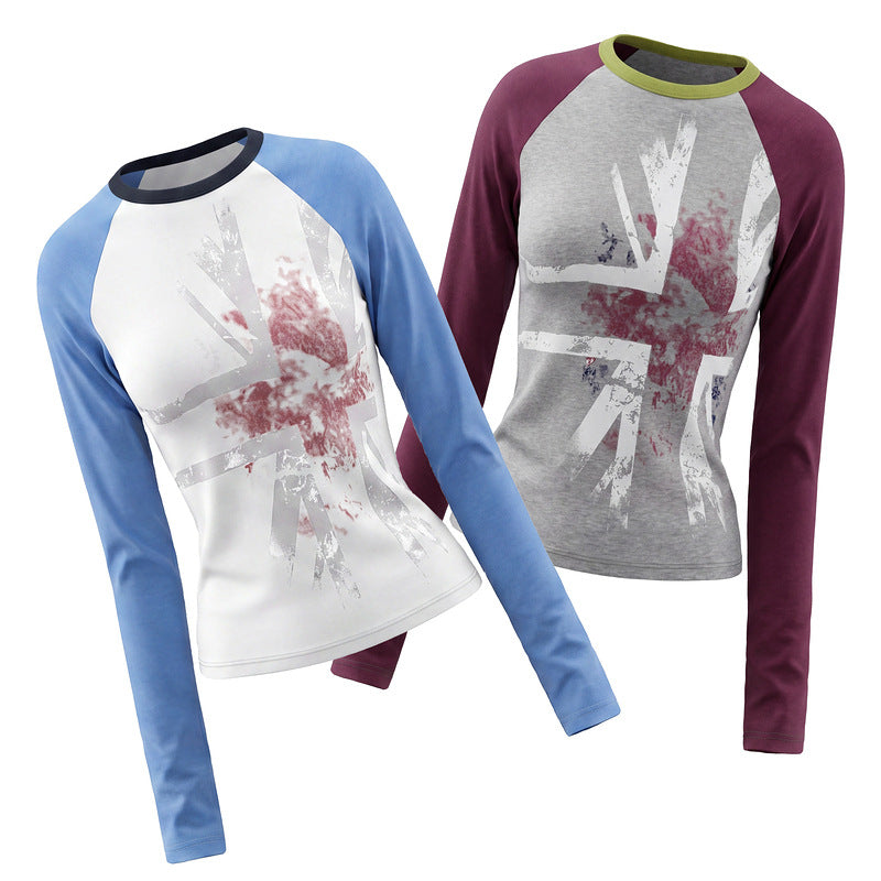 Blue and white raglan sleeve long sleeved T-shirt for women