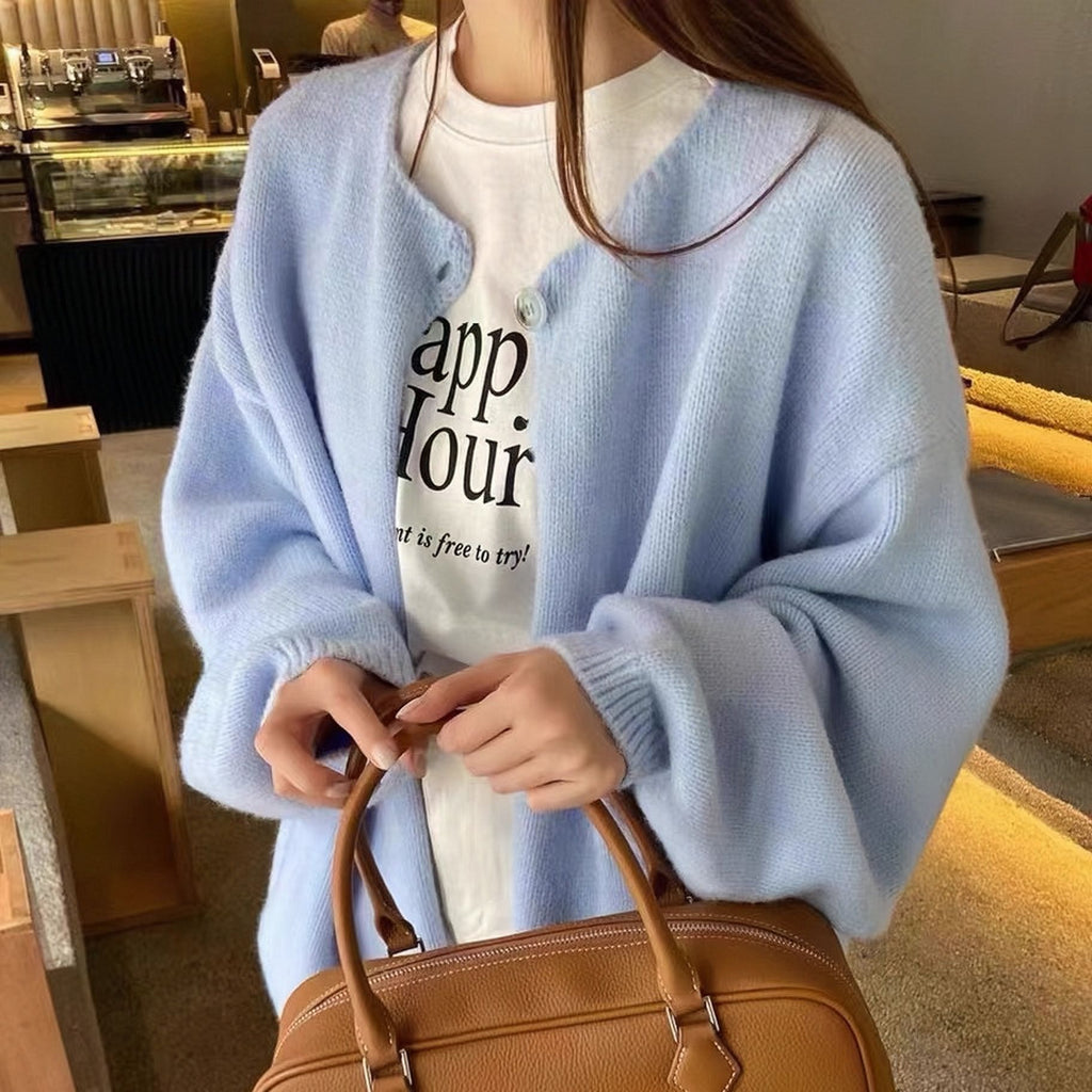 Round Neck Knit Cardigan for Women, Versatile Single Button Inner Layer Sweater Coat