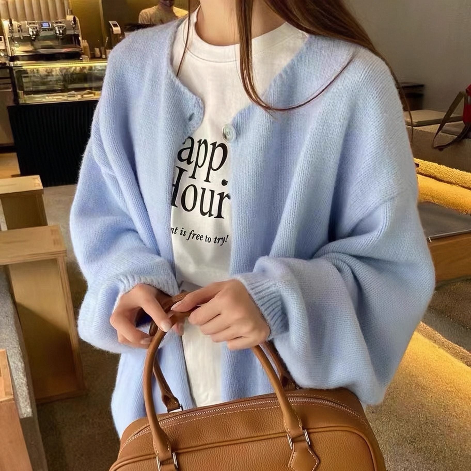 Round Neck Knit Cardigan for Women, Versatile Single Button Inner Layer Sweater Coat