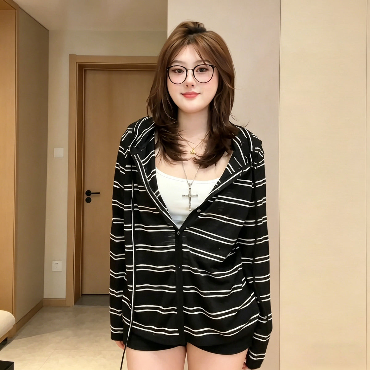 Casual Striped Long Sleeve Hooded Cardigan T-Shirt Lightweight Sun Protection Top