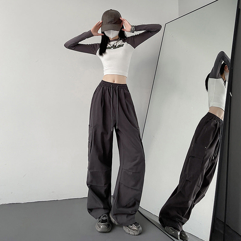 Black Cargo Pants for Women, Spring and Autumn New Outdoor Tactical Pants, Petite Size, Loose Straight Leg Sporty Wide Leg Pants