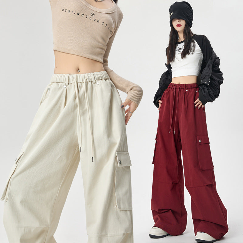 Hiking cargo pants for women, new loose casual wide-leg pants, autumn outdoor washed cotton high-waisted sport pants for women
