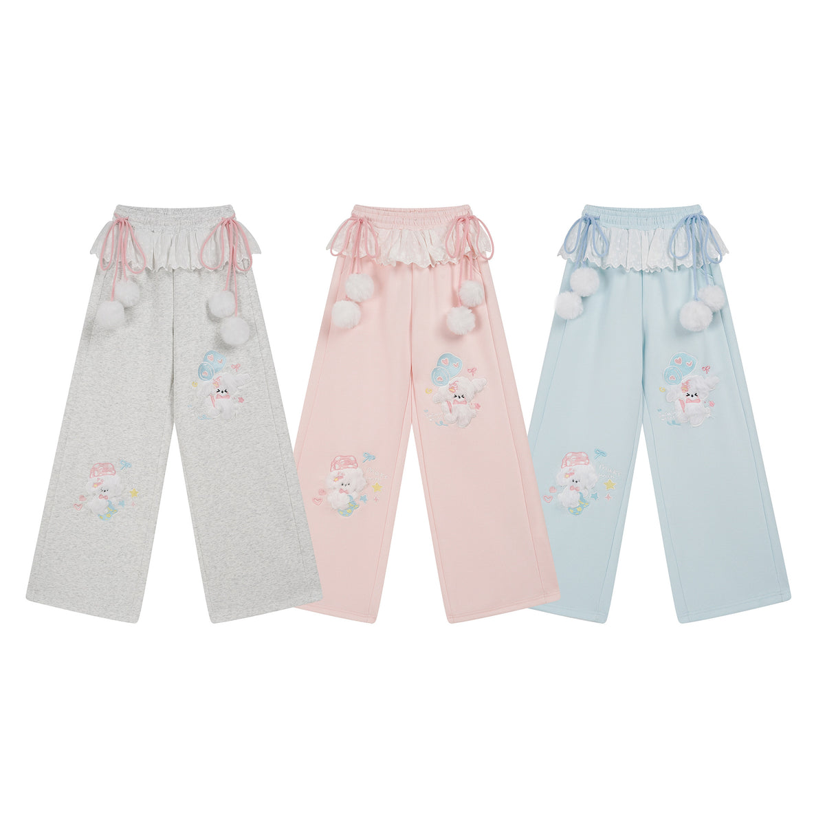 Wide Leg Sweatpants Women Lace Trim Pom-Pom Drawstring High Waist Slimming Long Pants