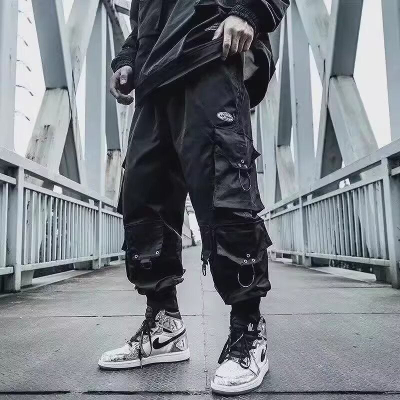 Urban Tactical Functional Style Dark Black Cool Streetwear Loose Cuffed Pants Men's Spring Autumn Fashion Long Trousers
