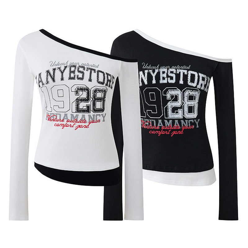 White off shoulder fake two long sleeved T-shirt for women