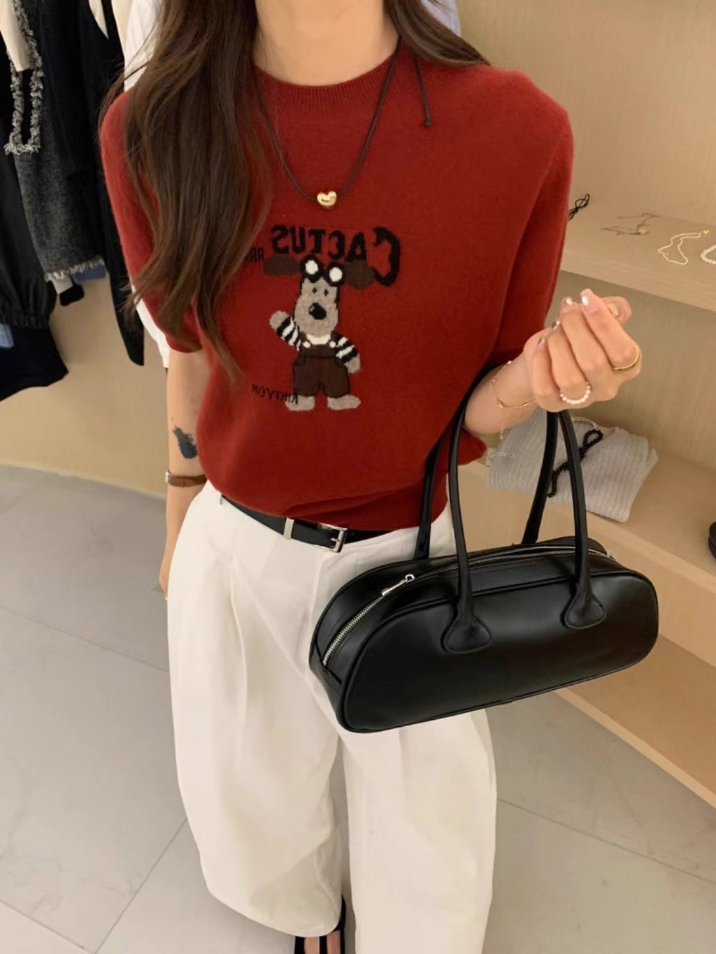 Cartoon Dog Short Sleeve Knitted Shirt for Women