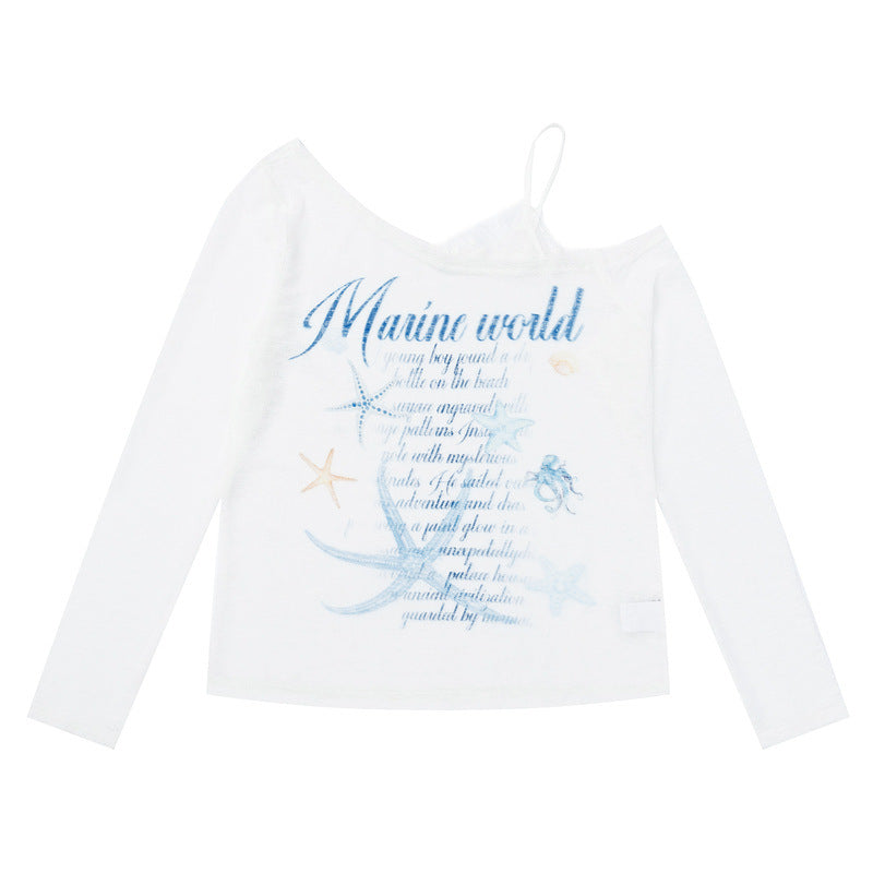 Cartoon starfish print slanted shoulder long sleeved T-shirt for women