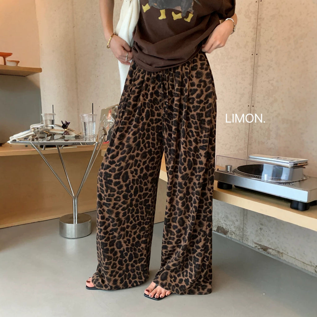 Retro Leopard Print Wide Leg Pants Women Early Autumn Straight Leg High-Drape Tencel Casual Loose Floor-Length Pants