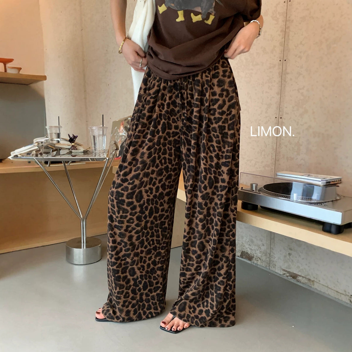 Retro Leopard Print Wide Leg Pants Women Early Autumn Straight Leg High-Drape Tencel Casual Loose Floor-Length Pants