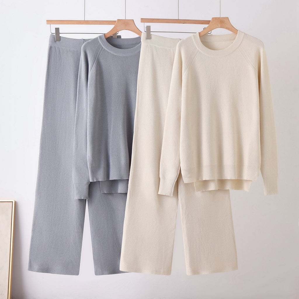 Loose long sleeved round neck wide leg pants two-piece set for women