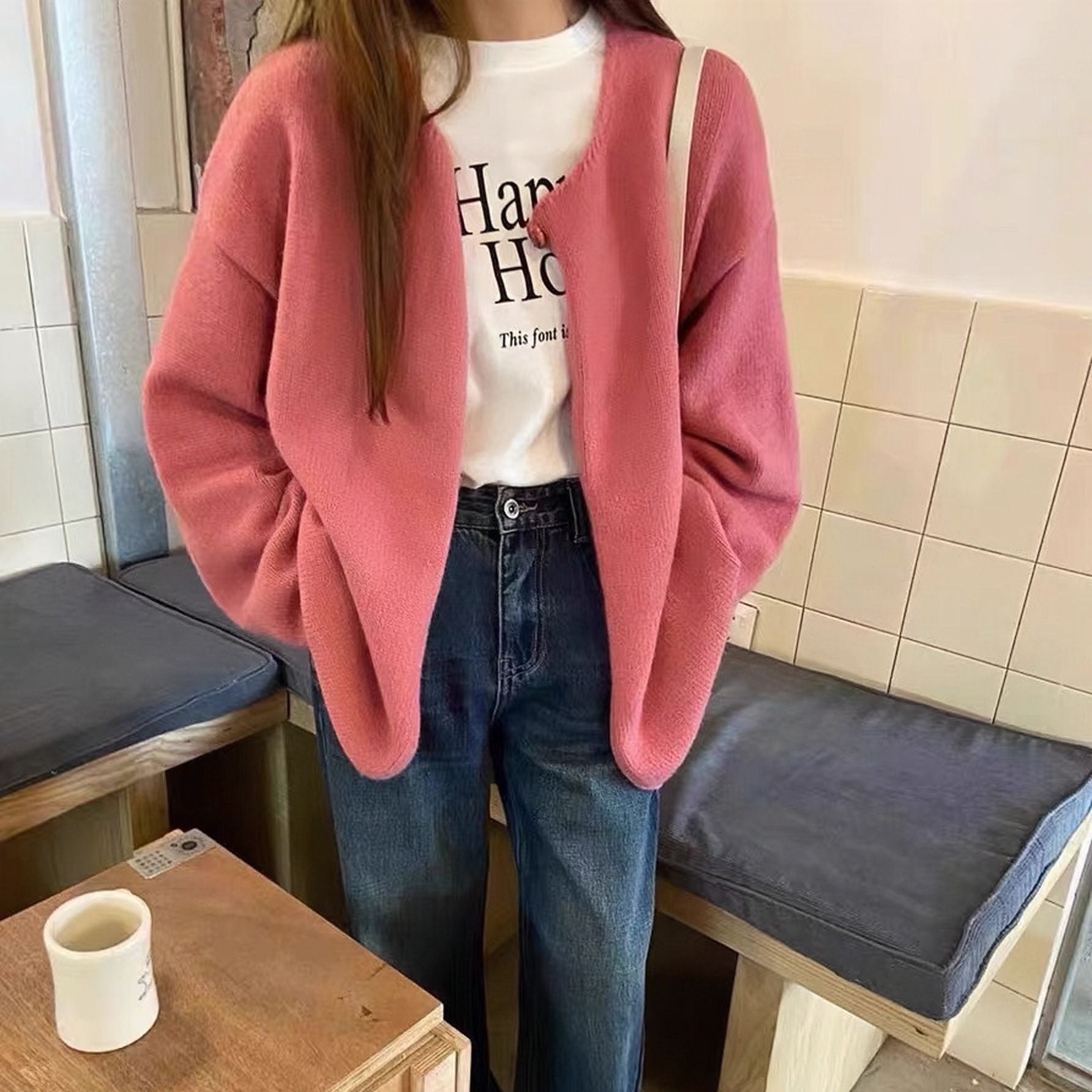 Round Neck Knit Cardigan for Women, Versatile Single Button Inner Layer Sweater Coat