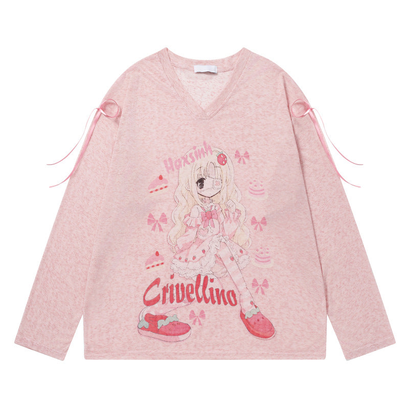 Cartoon Girl V-neck Hoodie Long sleeved T-shirt Female