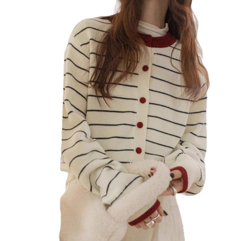 Stripe Cardigan for Women, Buttoned Round Neck Long Sleeve Knitwear Coat