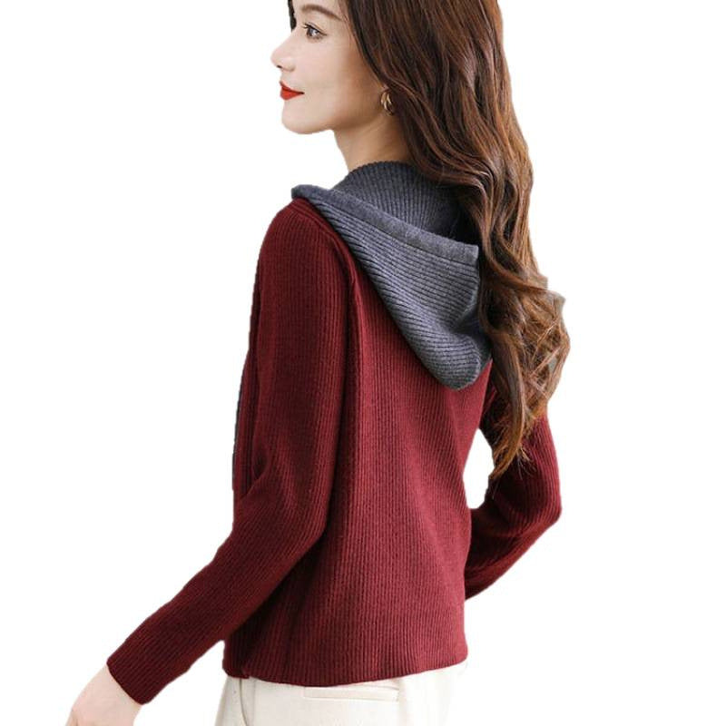 Women's Short Hooded Knit Cardigan with False Two-Piece Design