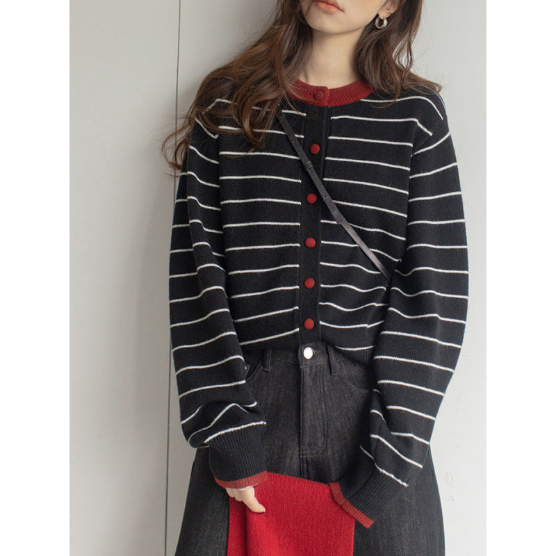 Stripe Cardigan for Women, Buttoned Round Neck Long Sleeve Knitwear Coat
