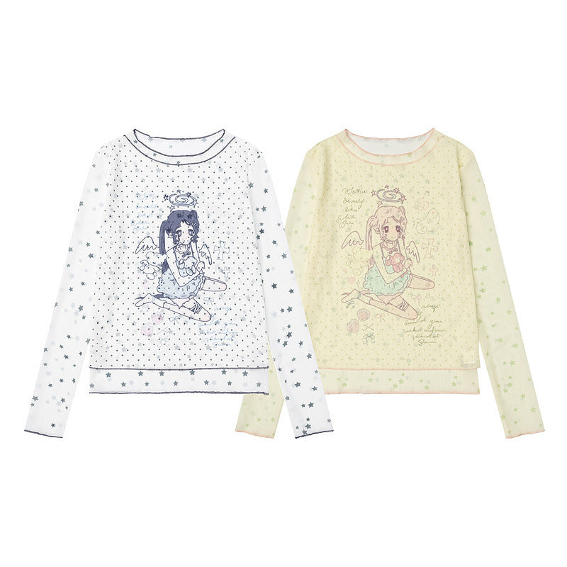 Mesh long sleeved T-shirt with light yellow background printed with small stars