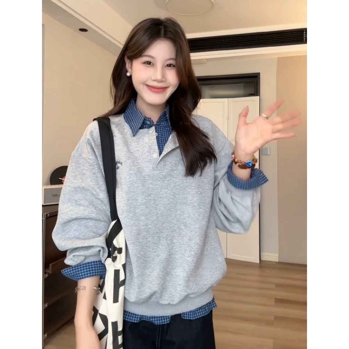 Women's  Casual Gray Long Sleeve Loose Fit Patchwork Spliced Fake Two-Piece Sweatshirt