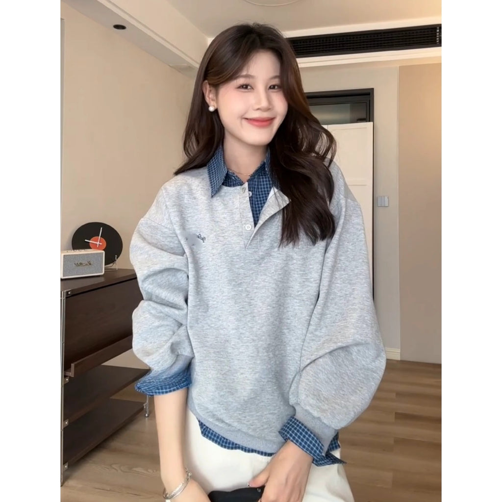 Women's  Casual Gray Long Sleeve Loose Fit Patchwork Spliced Fake Two-Piece Sweatshirt