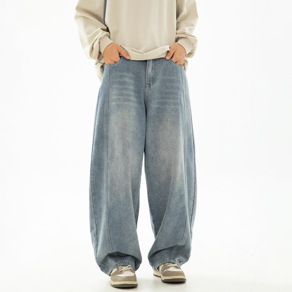 Vintage Washed Oversized Denim Pants Men Split Structure Knife Pants Trendy Loose Long Pants