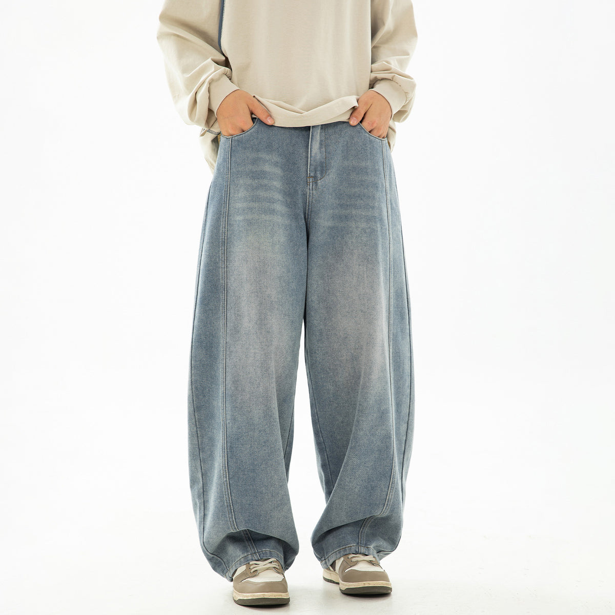 Vintage Washed Oversized Denim Pants Men Split Structure Knife Pants Trendy Loose Long Pants