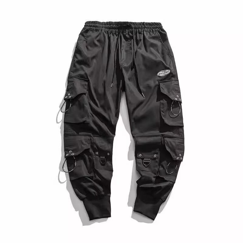 Urban Tactical Functional Style Dark Black Cool Streetwear Loose Cuffed Pants Men's Spring Autumn Fashion Long Trousers