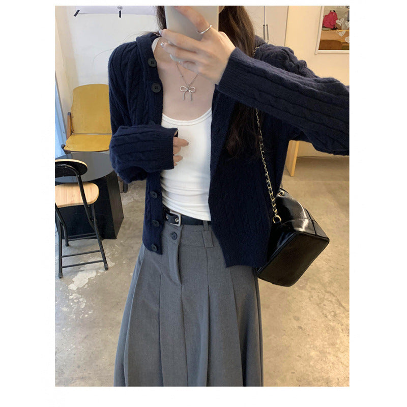 Hooded Cable Knit Cardigan for Women, Design Button Sweater Coat