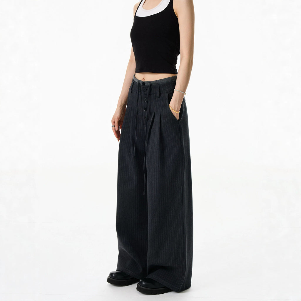 Summer Double Waistband Design Striped Casual Dress Pants for Men, High-End Loose Pleated Wide-Leg Suit Trousers