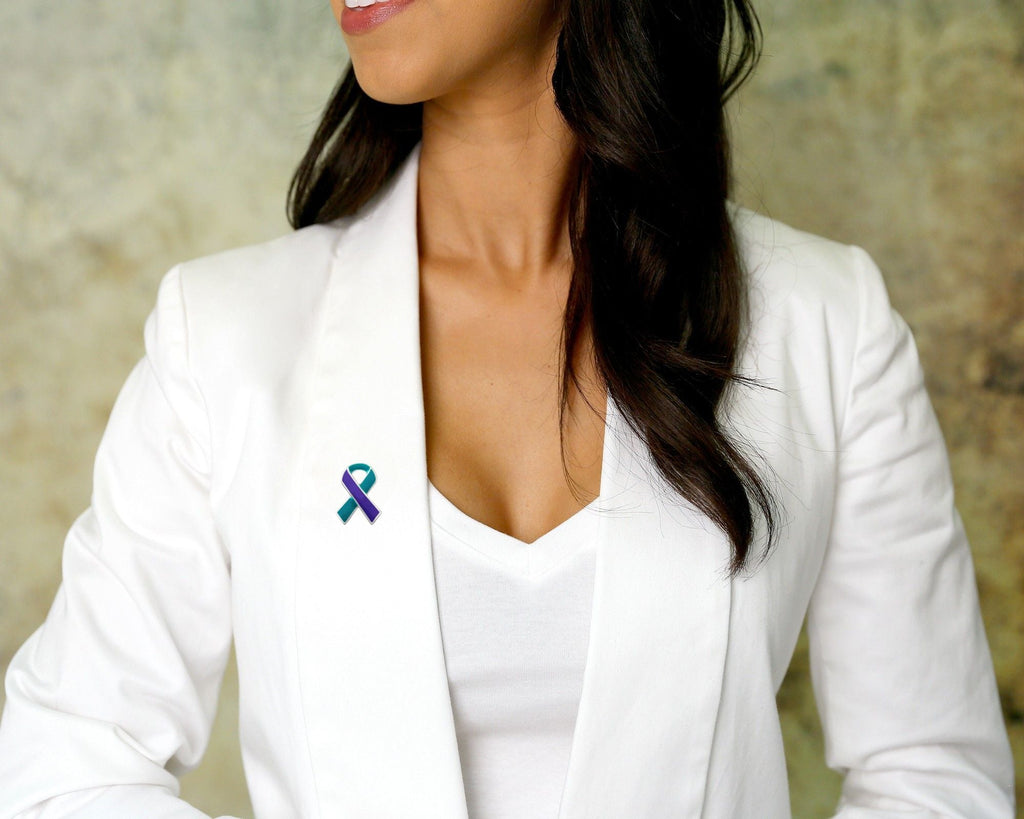 5/10/25/100 Pack Teal & Purple Ribbon Pins for Suicide, Sexual Assault Awareness