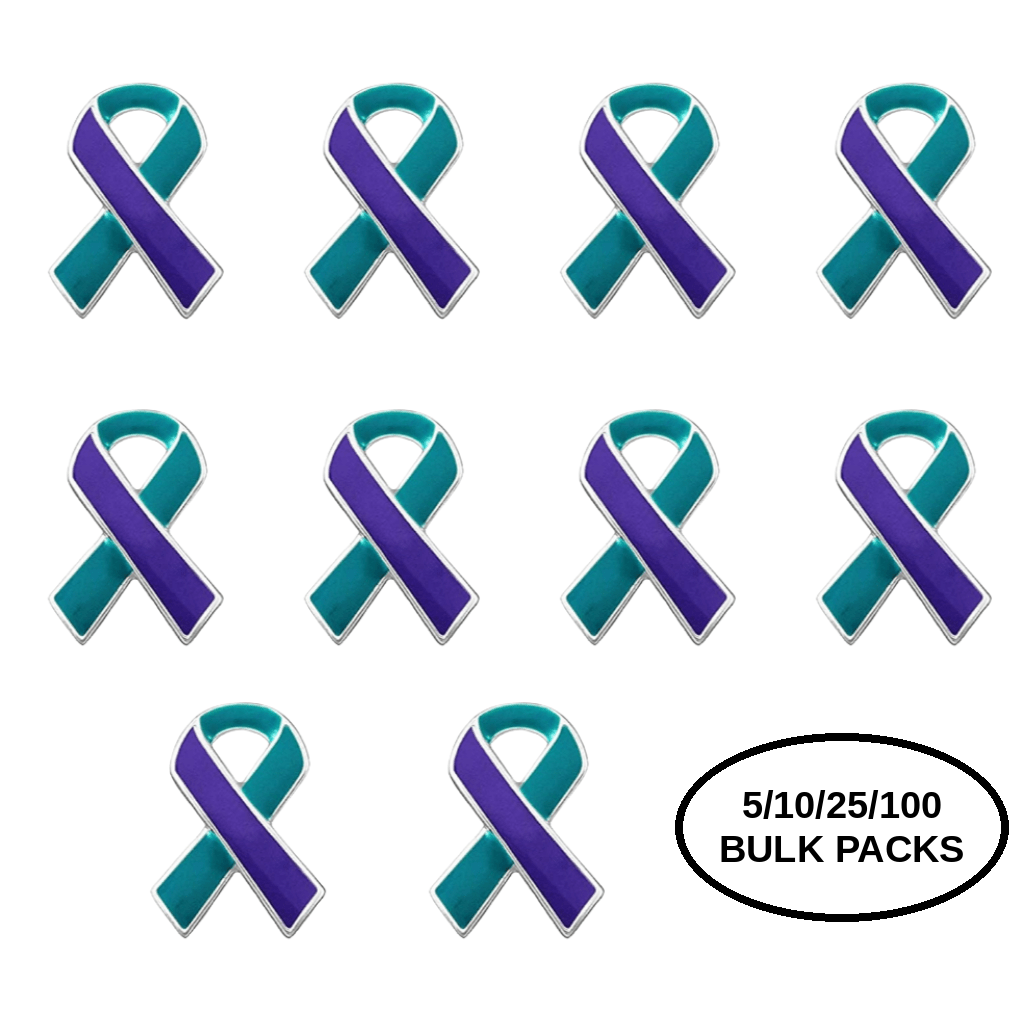 5/10/25/100 Pack Teal & Purple Ribbon Pins for Suicide, Sexual Assault Awareness