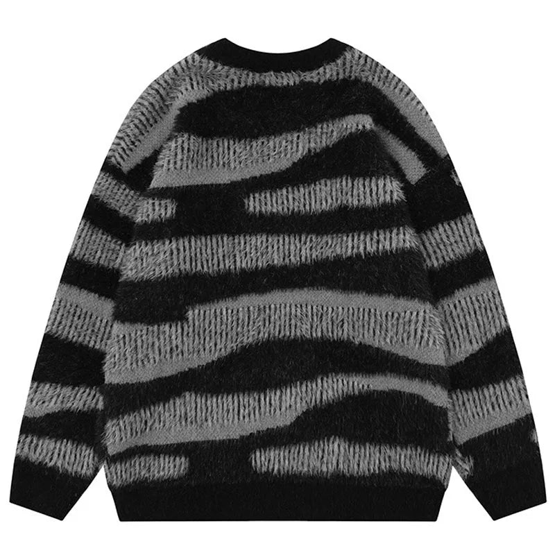 High Street Zebra Striped Patchwork Knitted Sweaters Mens Hip Hop Harajuku Casual Loose O-Neck Y2K Pullovers Couples