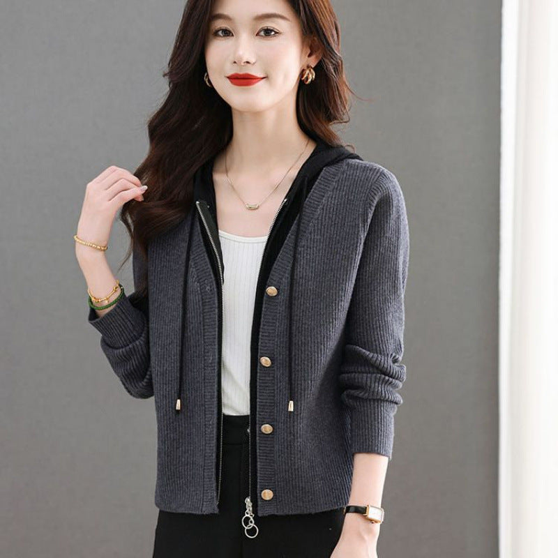 Women's Short Hooded Knit Cardigan with False Two-Piece Design