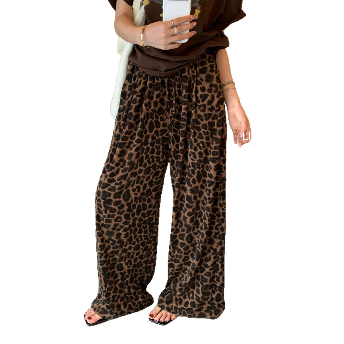 Retro Leopard Print Wide Leg Pants Women Early Autumn Straight Leg High-Drape Tencel Casual Loose Floor-Length Pants