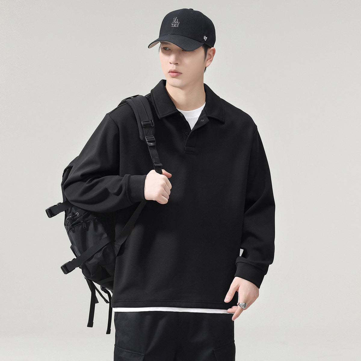 Men's Heavyweight Long Sleeve Fake Two-Piece Polo T-Shirt