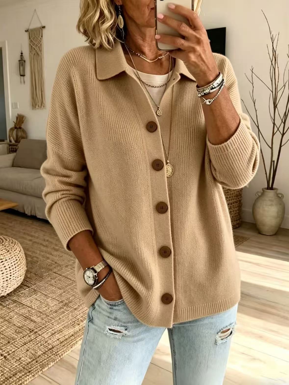 Button knit lapel sweater cardigan jacket