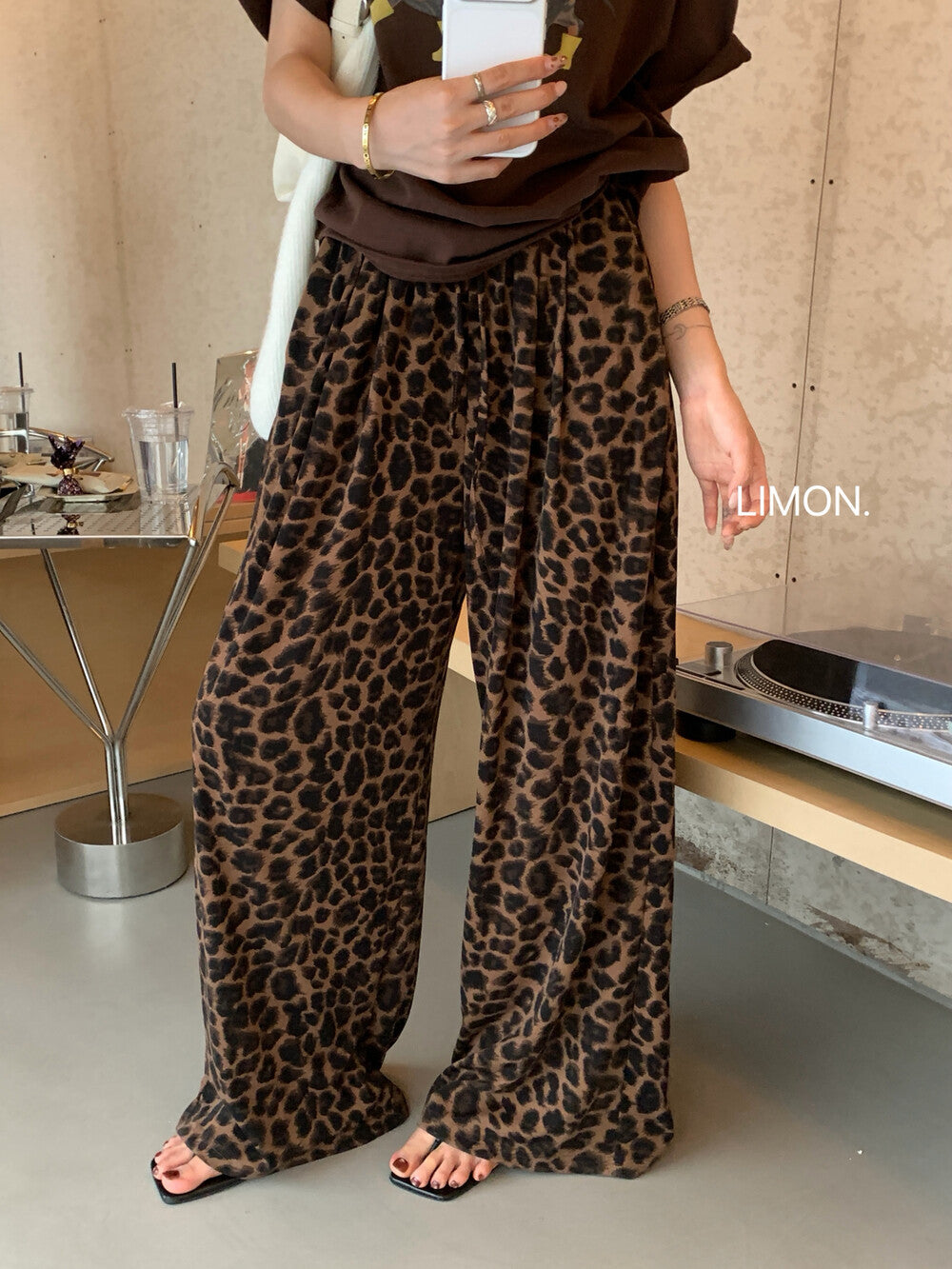 Retro Leopard Print Wide Leg Pants Women Early Autumn Straight Leg High-Drape Tencel Casual Loose Floor-Length Pants