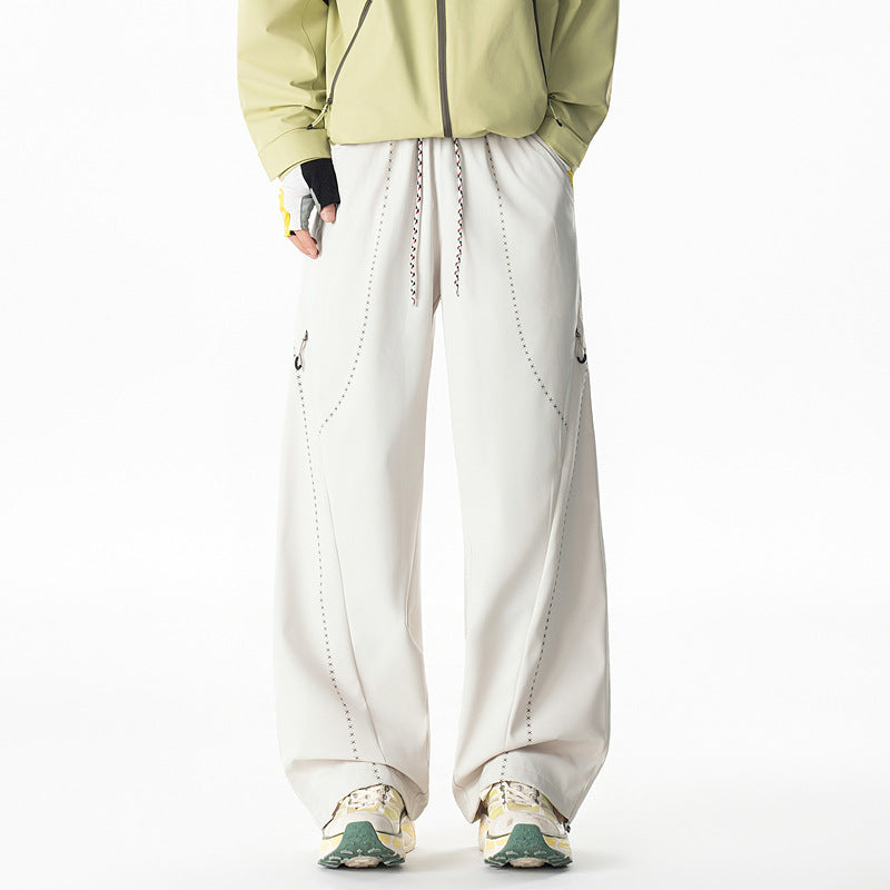 Summer Topstitch Design Quick-Dry Casual Pants, Unisex Straight Loose Fit Outdoor Hiking Windbreaker Trousers