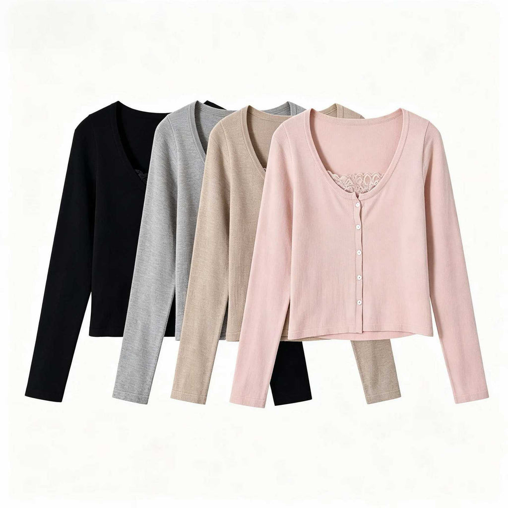 Long sleeved V-neck lace patchwork top