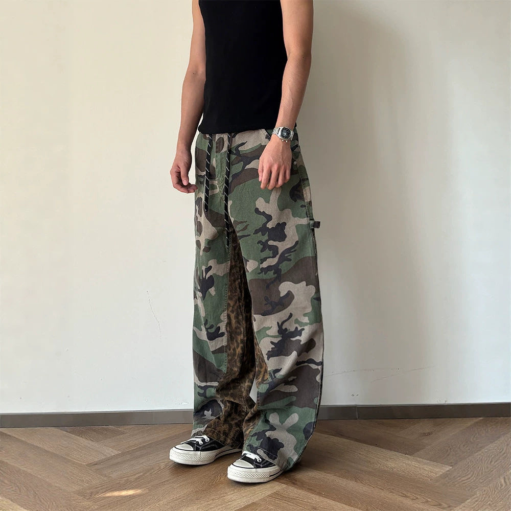 Men's Summer Leopard Print Patchwork Loose Casual Versatile Fashion Color-blocked Denim Pants
