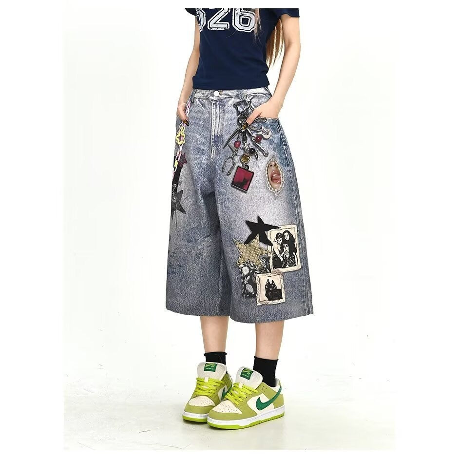 3D Printed Patchwork Denim Shorts for Men and Women