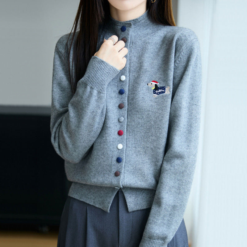 High Neck Colorful Button Loose Cardigan Sweater for Women Open Front Sweater