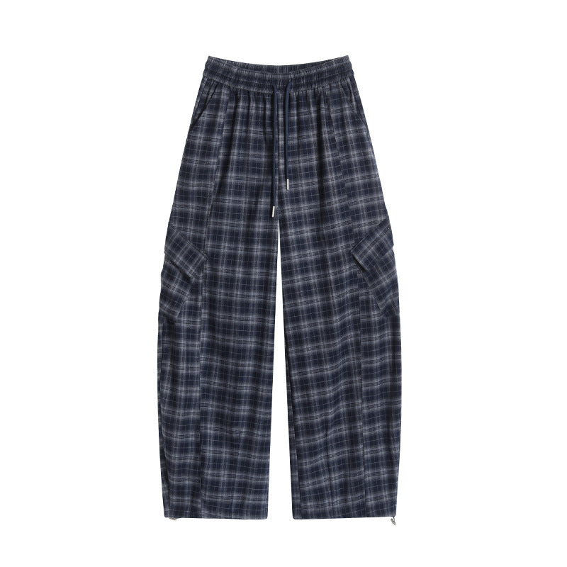 Retro Plaid Wide-Leg Pants for Women, Autumn New Design, High-Waisted, Stylish, Two-Way Wear, Casual Straight Leg Cargo Pants