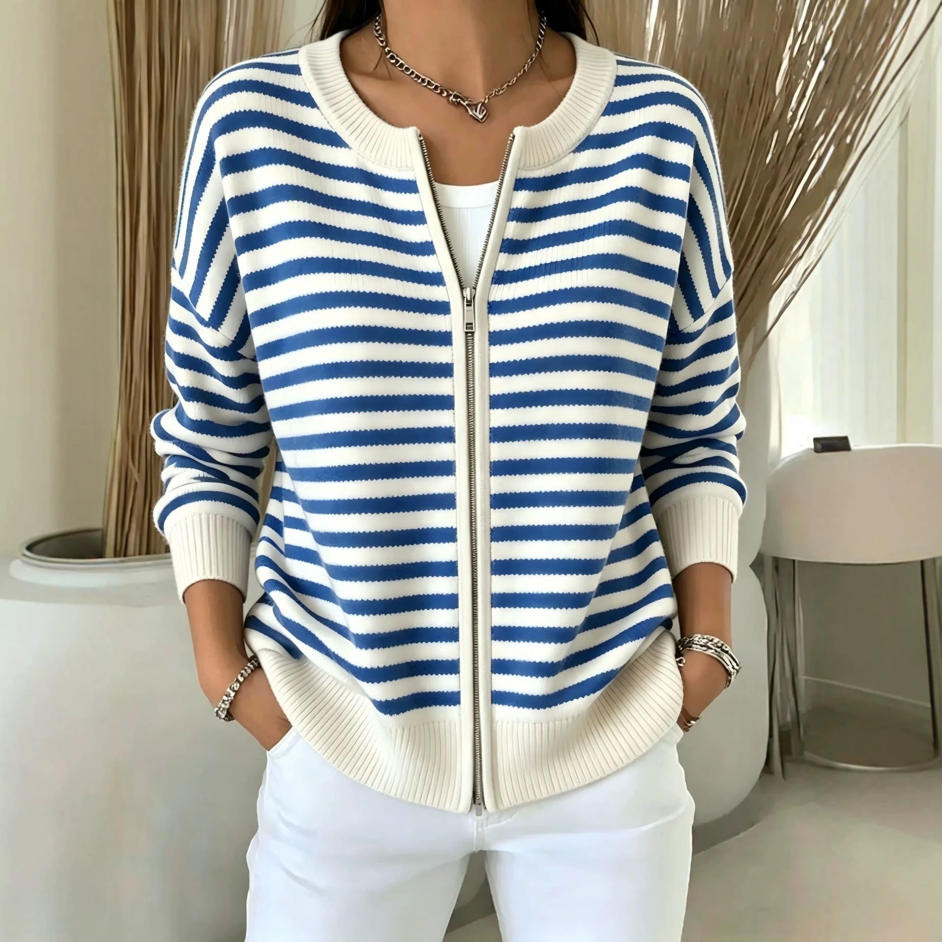 Striped zipper knitted cardigan for women