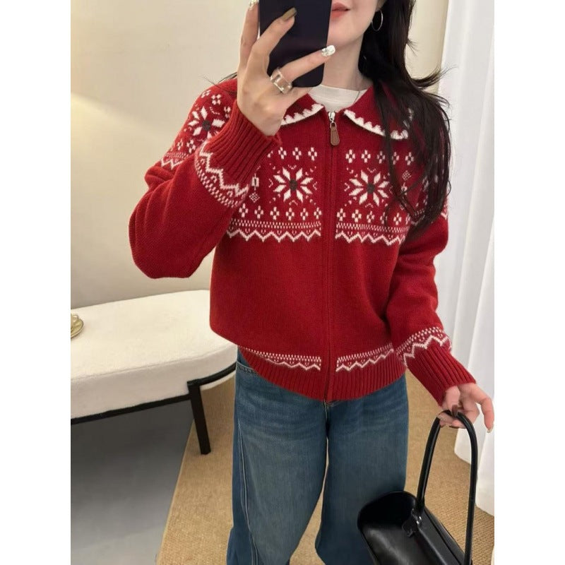 Polo collar zipper loose sweater jacket