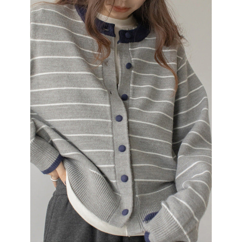 Stripe Cardigan for Women, Buttoned Round Neck Long Sleeve Knitwear Coat