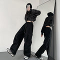 Black Cargo Pants for Women, Spring and Autumn New Outdoor Tactical Pants, Petite Size, Loose Straight Leg Sporty Wide Leg Pants
