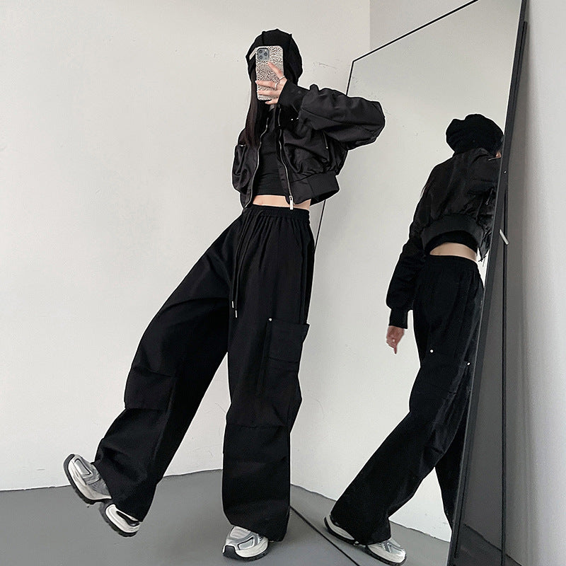 Black Cargo Pants for Women, Spring and Autumn New Outdoor Tactical Pants, Petite Size, Loose Straight Leg Sporty Wide Leg Pants