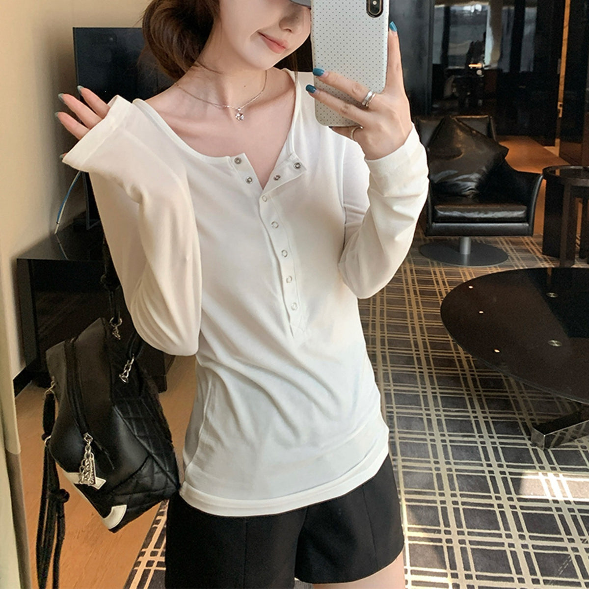 Long Sleeve Half-Open Collar T-Shirt Women Slim Fit Base Layer Top