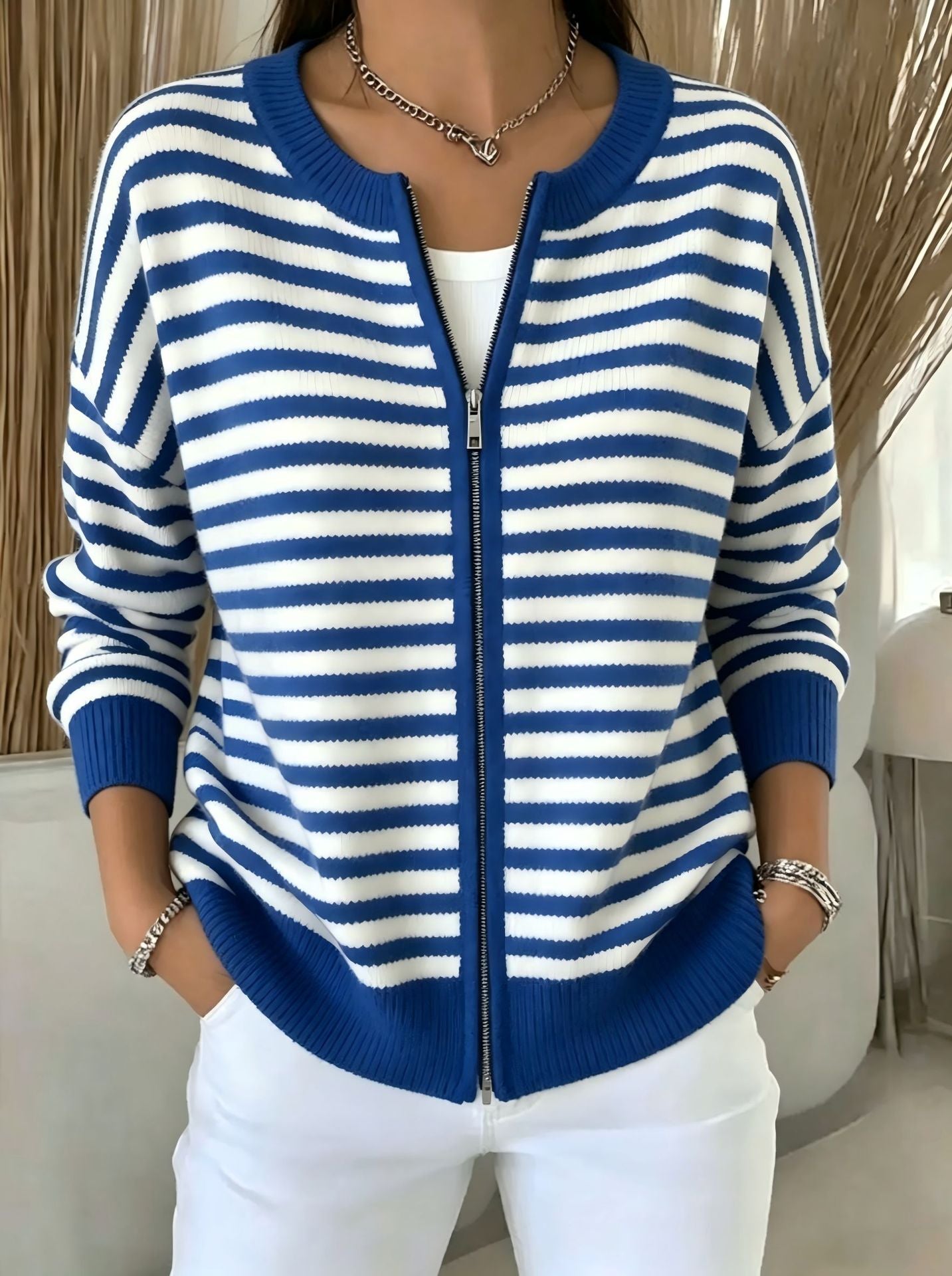 Striped zipper knitted cardigan for women