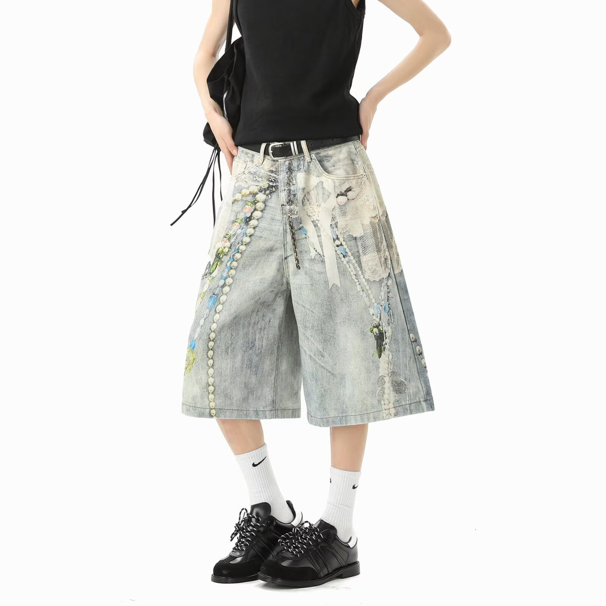 3D Print Denim Shorts Unisex Loose Wide Leg Straight Cut Capri Pants