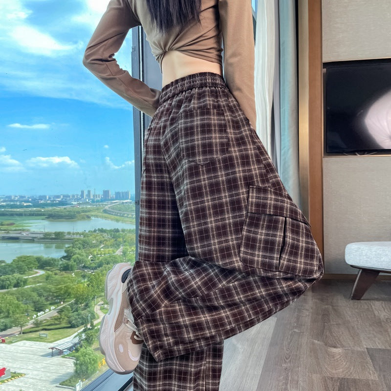 Retro Plaid Wide-Leg Pants for Women, Autumn New Design, High-Waisted, Stylish, Two-Way Wear, Casual Straight Leg Cargo Pants